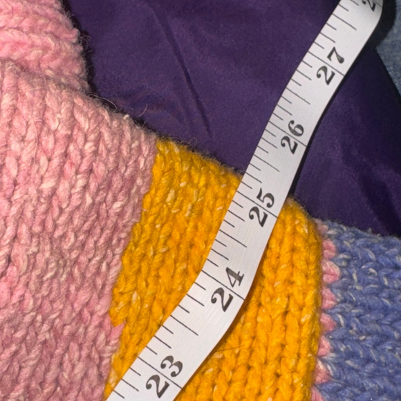 Multicolor Patchwork Knit Cardigan Zip Up Hat Hoodie Pom Pom Pointy Size M - Picture 8 of 8